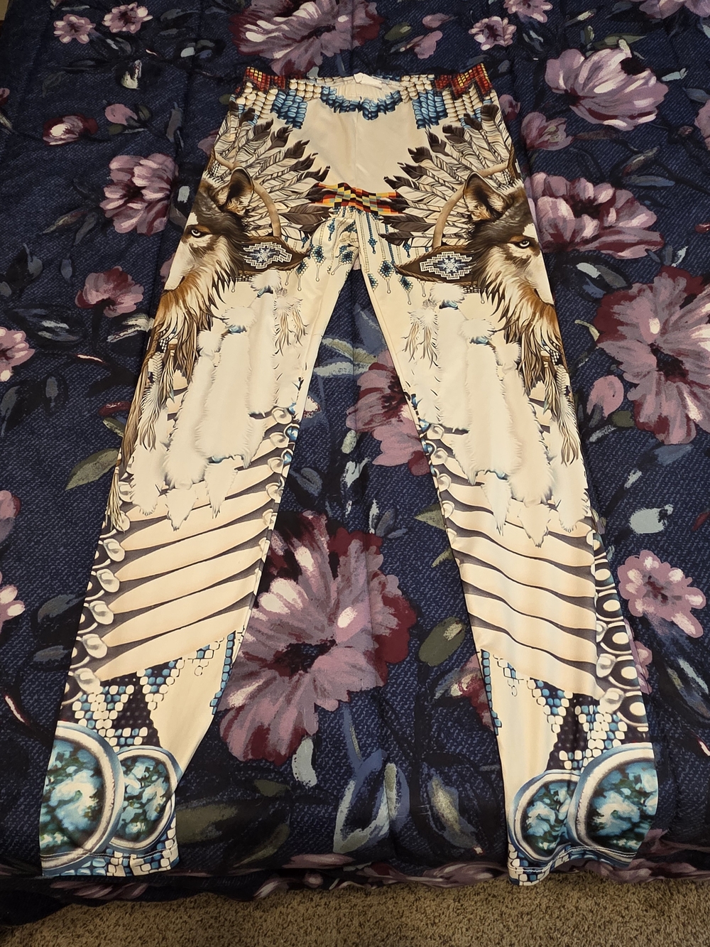 Printed Cream & Blue Tribal Wolf Leggings